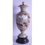 A FINE VICTORIAN OPALINE BALUSTER GLASS VASE converted to a lamp, enamelled in relief in the