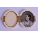 A MID 19TH CENTURY EUROPEAN CARVED IVORY MINIATURE CASE inset with one ivory portrait of a female