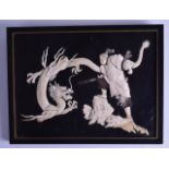 A 19TH CENTURY JAPANESE MEIJI PERIOD CARVED IVORY AND BLACK LACQUER PANEL depicting a male attacking