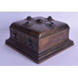 A MID VICTORIAN BRONZE AND AGATE SQUARE FORM CASKET AND COVER overlaid with scrolling floral like