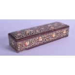 A 19TH CENTURY INDIAN LACQUERED PEN BOX AND COVER painted with flowers and vines. 21 cm wide.