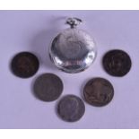 A MID 19TH CENTURY CIRCULAR SILVER SOVEREIGN HOLDER together with five old coins. (6)