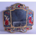 A GOOD EARLY 19TH CENTURY EUROPEAN REVERSE ENAMELLED MIRROR dated 1805, depicting two opposing