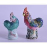 TWO SMALL EARLY 20TH CENTURY CHINESE FAMILLE ROSE HENS. 8 cm & 6 cm high. (2)