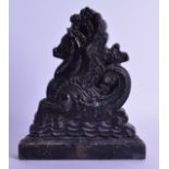A VICTORIAN BLACK PAINTED BRONZE AND CAST IRON DOOR STOP in the form of a mythical horse. 19 cm x 23
