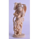 A 19TH CENTURY JAPANESE MEIJI PERIOD CARVED IVORY OKIMONO modelled as a female leaping in the air