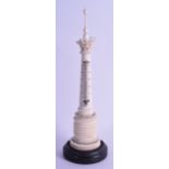 A VICTORIAN CARVED IVORY THERMOMETER with crown like terminal, upon an ebonised base. 30.5 cm high.