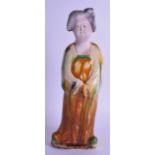 A CHINESE SANCAI POTTERY FIGURE OF A FEMALE Tang style, modelled wearing robes. 31.5 cm high.