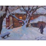 RUSSIAN SCHOOL (Early 20th Century), Framed Oil on Canvas, signed, figure in the snow. 29 cm x 39