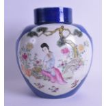 A 19TH CENTURY CHINESE POWDER BLUE GINGER JAR AND COVER painted with buddhistic figures and floral