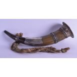 A MID VICTORIAN HORN POWDER HORN mounted with a silver plaque inscribed ~John Mclaren A.O.F Court