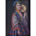 CONTINENTAL SCHOOL (20th Century), Framed Oil on Wood, female holding a fan. 35 cm x 25 cm.