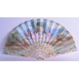 A FINE LATE 19TH CENTURY FRENCH MOTHER OF PEARL PAINTED FAN depicting five classical figures