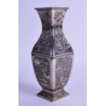 AN EARLY 20TH CENTURY CHINESE EXPORT WHITE METAL VASE of square form, decorated with birds,