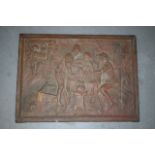AN ANTIQUE COPPER PANEL, depicting a group of men drinking and dancing in an interior. 41 cm x 57