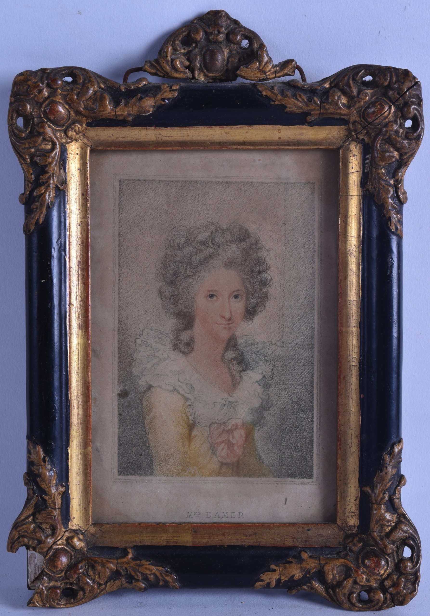 ENGLISH SCHOOL (19th Century), Framed Coloured Engraving, "Mrs Damer". 13 cm x 9 cm.