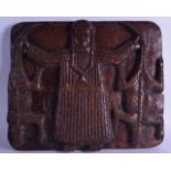 A MID 19TH CENTURY AFRICAN CARVED BENIN WOODEN PANEL depicting Oba holding two crocodiles. 45 cm x