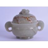 A GOOD 18TH CENTURY CHINESE TWIN HANDLED JADE CENSER AND COVER Qianlong/Jiaqing, carved with