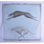 A RARE ART DECO PILKINGTONS FROSTED GLASS PANEL depicting two stylised greyhounds. 51 cm square.