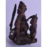 A 19TH CENTURY AFRICAN BENIN BRONZE FIGURAL GROUP depicting three males upon a square form base.