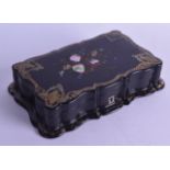 A VICTORIAN BLACK LACQUERED PAPIER MACHE CARD BOX AND COVER painted with foliage and vines. 20 cm