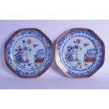 AN UNUSUAL PAIR OF 18TH CENTURY CHINESE EXPORT OCTAGONAL PLATES Qianlong, painted with a female upon