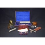 A PART CASED VINTAGE DRAWING SET, together with a brass boar etc. (qty)