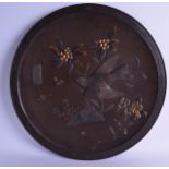 A GOOD LARGE 19TH CENTURY JAPANESE MEIJI PERIOD ONLAID BRONZE CHARGER with extensive signatures to