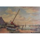 JOHN DRANGWYN (British), Framed Oil on Canvas, signed, three males fixing a boat. 39 cm x 59 cm.