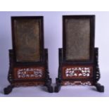 A RARE PAIR OF 19TH CENTURY CHINESE PAKTONG TABLE SCREENS ON STANDS with boxwood mounts, decorated