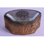 A LATE 19TH CENTURY FRENCH GILT METAL JEWELLERY BOX inset with a coin, decorated with neo