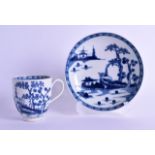 18th c. good Worcester coffee cup and saucer painted in blue with the Cannonball pattern, early