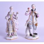 A GOOD PAIR OF 19TH CENTURY MEISSEN PORCELAIN FIGURES depicting a male and females upon shaped