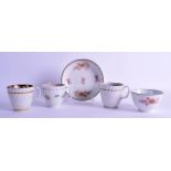 Late 18th c. Keeling, Factory X three coffee cups and a teabowl and saucer, red mark to teabowl