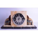 AN ART DECO FRENCH CHROME AND MARBLE MANTEL CLOCK surmounted with two chrome elephants. 48 cm x 24