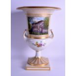 A VERY LARGE 19TH CENTURY KPM BERLIN TWIN HANDLED CAMPAGNA URN painted with a house and landscape.