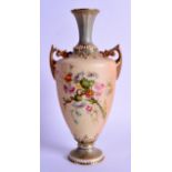 Royal Worcester tall two handled vase painted with flowers, shape 1920, dated 1897. 22cm high. Good
