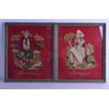 A PAIR OF LATE VICTORIAN FRAMED EMBROIDERED PANELS depicting figures amongst foliage upon a red
