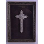 A FRAMED 19TH CENTURY EUROPEAN CARVED MOTHER OF PEARL CRUCIFIX engraved with saints. Crucifix 9 cm x