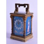 A FINE LATE 19TH CENTURY FRENCH MINIATURE ENAMEL CARRIAGE CLOCK inset with Limoges type panels