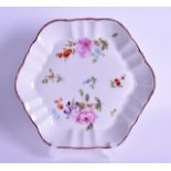 18th c. rare Chelsea Derby teapot stand painted with typical flowers under a brown line rim. 15cm