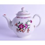 18th c. Lowestoft teapot and cover painted with flowers and a cornucopia. 17cm wide. Spout & Lid