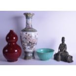 A LARGE CHINESE FAMILLE ROSE BALUSTER VASE together with a sang du boeuf double gourd vase, a bronze