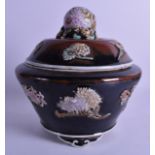 A LATE 19TH CENTURY CHINESE BROWN AND BLACK GLAZED BOWL AND COVER with fruiting finial, overlaid