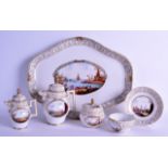 A GOOD EARLY 19TH CENTURY MEISSEN CABARET TEASET ON TRAY painted with landscapes and scrolling
