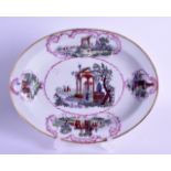 18th c. Worcester oval moulded dish printed with classical ruins and an overglaze painted in the