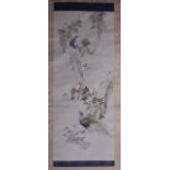 AN UNUSUAL EARLY 20TH CENTURY CHINESE SILKWORK SCROLL depicting birds amongst foliage. Image 28 cm x