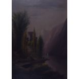 BRITISH SCHOOL, Framed Oil on Canvas, castle in a river landscape. 9 cm x 34 cm. Good