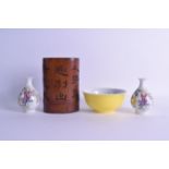 AN EARLY 20TH CENTURY CHINESE CARVED BAMBOO BRUSH POT together with a yellow bowl & a small pair