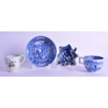 Early 19th c. Pearlware leaf shaped dish blue and white dish with a temple, a cup and saucer with